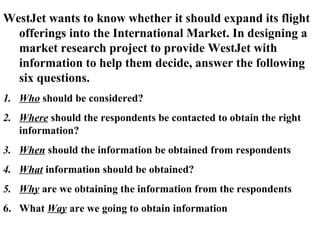 WestJet wants to know whether it should expand its flight 
offerings into the International Market. In designing a 
market research project to provide WestJet with 
information to help them decide, answer the following 
six questions. 
1. Who should be considered? 
2. Where should the respondents be contacted to obtain the right 
information? 
3. When should the information be obtained from respondents 
4. What information should be obtained? 
5. Why are we obtaining the information from the respondents 
6. What Way are we going to obtain information 
 