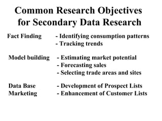 Common Research Objectives 
for Secondary Data Research 
Fact Finding - Identifying consumption patterns 
- Tracking trends 
Model building - Estimating market potential 
- Forecasting sales 
- Selecting trade areas and sites 
Data Base - Development of Prospect Lists 
Marketing - Enhancement of Customer Lists 
 