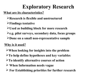Exploratory Research 
What are its characteristics? 
Research is flexible and unstructured 
Findings tentative 
Used as building block for more research 
e.g. pilot surveys, secondary data, focus groups 
Done on a small non-representative sample 
Why is it used? 
When looking for insights into the problem 
To help define hypotheses and key variables 
To identify alternative courses of action 
 When Information needs vague 
 For Establishing priorities for further research 
 