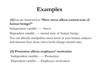 Examples
(1)You are interested in “How stress affects mental state of
human beings?”
Independent variable ----- Stress
Dependent variable ---- mental state of human beings
You can directly manipulate stress levels in your human subjects
and measure how those stress levels change mental state.
(2) Promotion affects employees’ motivation
Independent variable ----- Promotion
Dependent variable ----Employees motivation
 