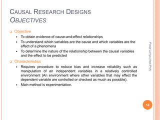 CAUSAL RESEARCH DESIGNS
OBJECTIVES
 Objective
 To obtain evidence of cause-and-effect relationships
 To understand which variables are the cause and which variables are the
effect of a phenomena
 To determine the nature of the relationship between the causal variables
and the effect to be predicted
 Characteristics
 Requires procedure to reduce bias and increase reliability such as
manipulation of an independent variables in a relatively controlled
environment (An environment where other variables that may effect the
dependent variable are controlled or checked as much as possible).
 Main method is experimentation.
PoojaLuniya(Asst.Prof)
16
 