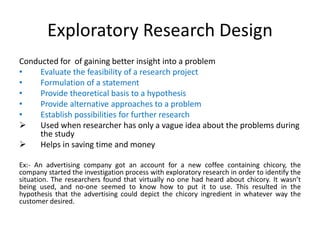 Exploratory Research Design
Conducted for of gaining better insight into a problem
• Evaluate the feasibility of a research project
• Formulation of a statement
• Provide theoretical basis to a hypothesis
• Provide alternative approaches to a problem
• Establish possibilities for further research
 Used when researcher has only a vague idea about the problems during
the study
 Helps in saving time and money
Ex:- An advertising company got an account for a new coffee containing chicory, the
company started the investigation process with exploratory research in order to identify the
situation. The researchers found that virtually no one had heard about chicory. It wasn’t
being used, and no-one seemed to know how to put it to use. This resulted in the
hypothesis that the advertising could depict the chicory ingredient in whatever way the
customer desired.
 