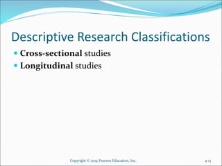 Descriptive Research Classifications
 Cross-sectional studies
 Longitudinal studies
Copyright © 2014 Pearson Education, Inc. 4-13
 