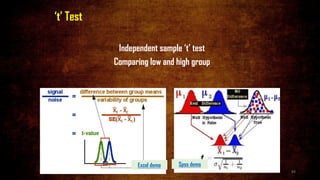 ‘t’ Test
Independent sample ‘t’ test
Comparing low and high group
Spss demo
Excel demo
84
 