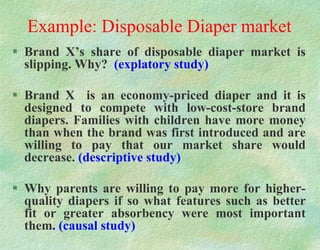 Example: Disposable Diaper market
 Brand X’s share of disposable diaper market is
slipping. Why? (explatory study)
 Brand X is an economy-priced diaper and it is
designed to compete with low-cost-store brand
diapers. Families with children have more money
than when the brand was first introduced and are
willing to pay that our market share would
decrease. (descriptive study)
 Why parents are willing to pay more for higher-
quality diapers if so what features such as better
fit or greater absorbency were most important
them. (causal study)
 