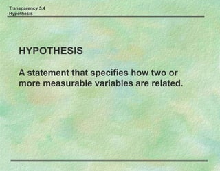 Transparency 5.4
Hypothesis
HYPOTHESIS
A statement that specifies how two or
more measurable variables are related.
 