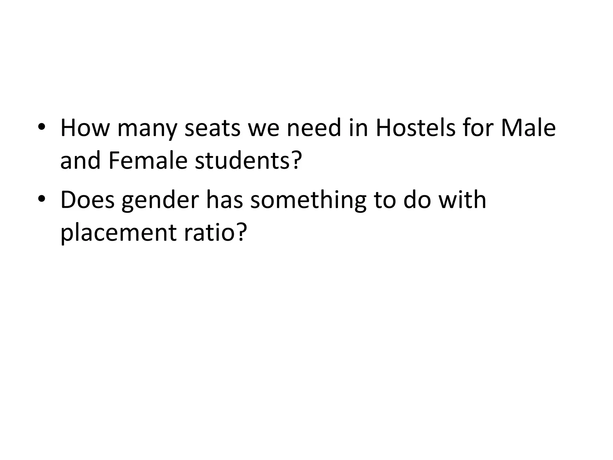 • How many seats we need in Hostels for Male
and Female students?
• Does gender has something to do with
placement ratio?
 