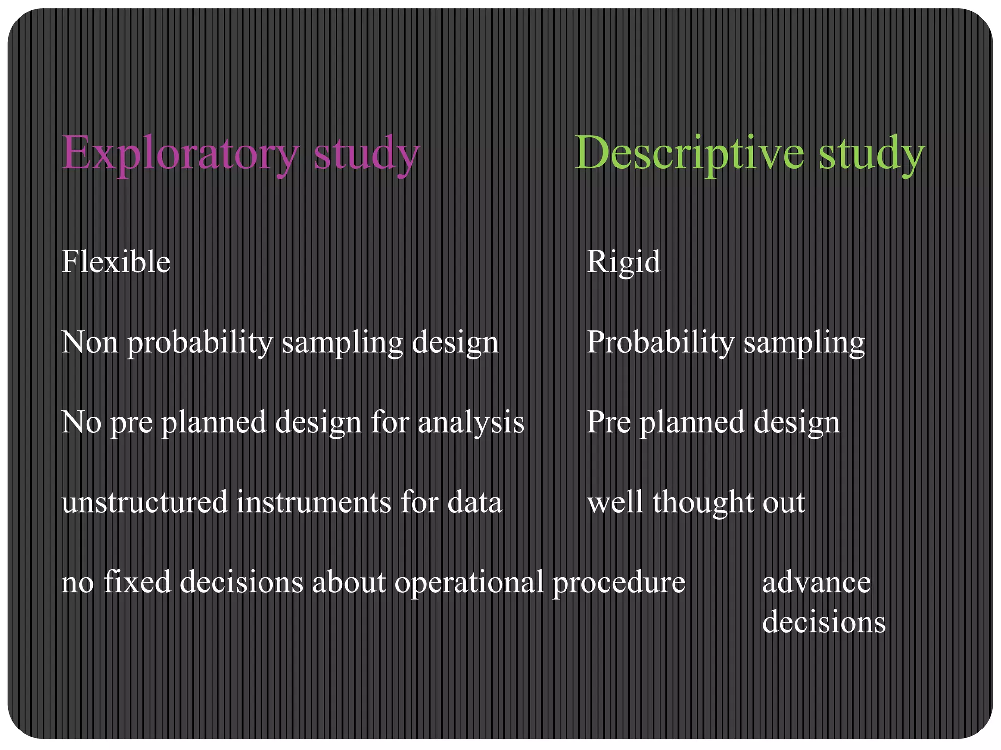 Exploratory study Descriptive study
Flexible Rigid
Non probability sampling design Probability sampling
No pre planned design for analysis Pre planned design
unstructured instruments for data well thought out
no fixed decisions about operational procedure advance
decisions
 