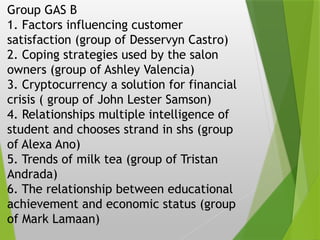 Group GAS B
1. Factors influencing customer
satisfaction (group of Desservyn Castro)
2. Coping strategies used by the salon
owners (group of Ashley Valencia)
3. Cryptocurrency a solution for financial
crisis ( group of John Lester Samson)
4. Relationships multiple intelligence of
student and chooses strand in shs (group
of Alexa Ano)
5. Trends of milk tea (group of Tristan
Andrada)
6. The relationship between educational
achievement and economic status (group
of Mark Lamaan)
 