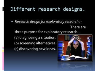 Different research designs.

 Research design for exploratory research :-
                                    There are
  three purpose for exploratory research…
  (a) diagnosing a situation.
  (b) screening alternatives.
  (c) discovering new ideas.



                                                5
 