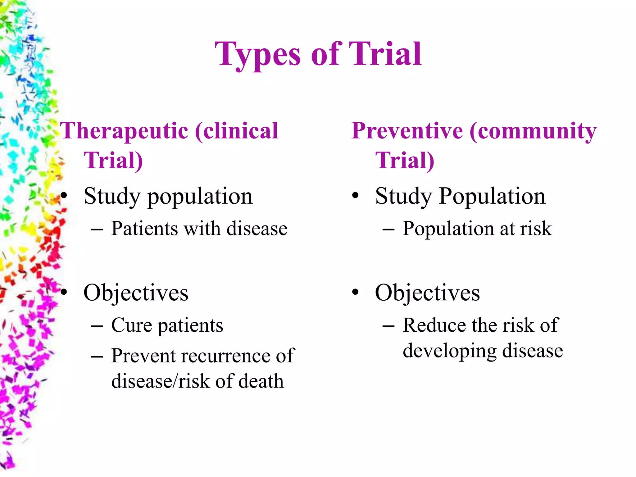 Types of Trial
Therapeutic (clinical
Trial)
• Study population
– Patients with disease
• Objectives
– Cure patients
– Prevent recurrence of
disease/risk of death
Preventive (community
Trial)
• Study Population
– Population at risk
• Objectives
– Reduce the risk of
developing disease
 