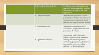 3. Secondary data analysis In this the data collected in one
research is reanalyzed by another
researcher, usually to test new
hypotheses
4. Outcome research It involves the evaluation of care
practices & systems in place. Used in
nursing to develop evidence based
practice and improve nursing actions
5. Evaluation studies
6. Operational research
It involves the judgment about
success of a programmes, practices,
procedures & policies
Involves the study of complex
human organizations & service to
develop new knowledge about
institutions, programmes, facilities &
personnel to improve working
efficiency of an organization.
 
