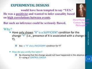 EXPERIMENTALDESIGNS
 Have only shown “X” is a SUFFICIENT condition for the
change “Y” (i.e., presence of X is associated with a change in
Y).
 But, is “X” also a NECESSARY condition for Y?
 How do you verify the latter?
 By showing that the change would not have happened in the absence of
X—using a CONTROL GROUP.
14
David Hume would have been tempted to say “YES.”
He was a positivist and wanted to infer causality based
on high correlations between events.
But such an inference could be seriously flawed.
Why?
David Hume, 18th
Century Scottish
Philosopher
NEETHUASOKAN
 