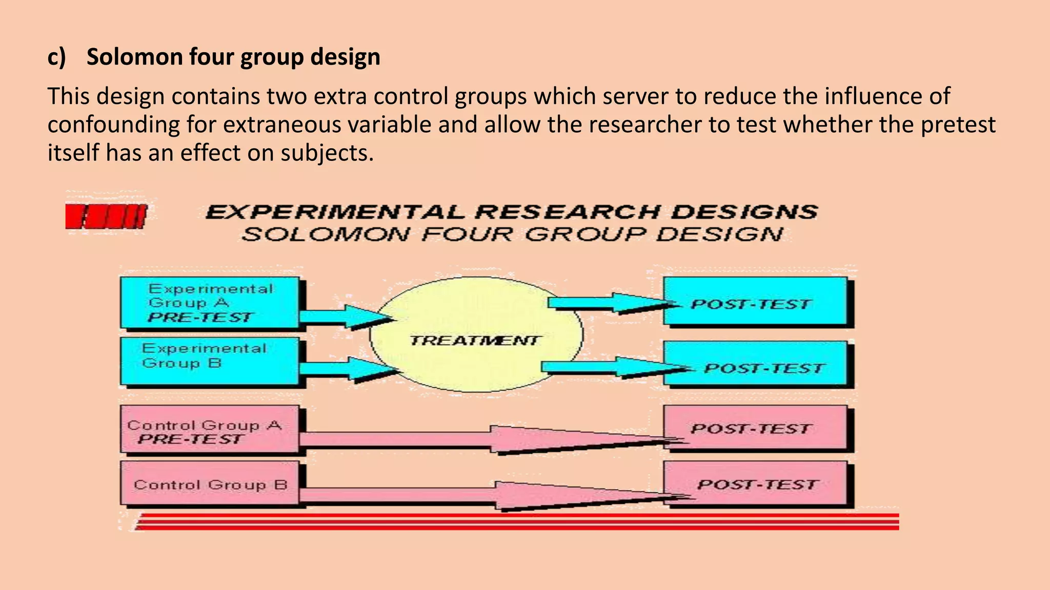 c) Solomon four group design
This design contains two extra control groups which server to reduce the influence of
confounding for extraneous variable and allow the researcher to test whether the pretest
itself has an effect on subjects.
 