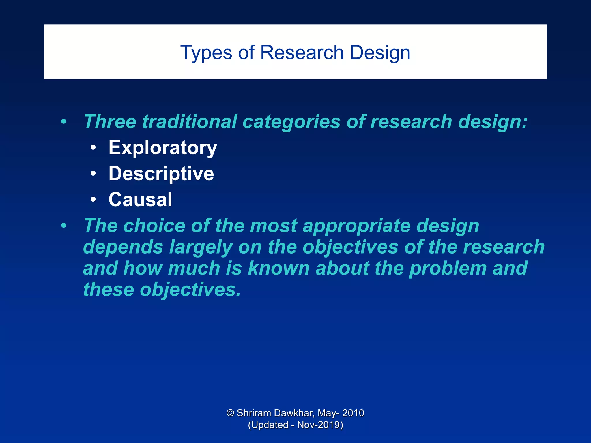 Types of Research Design
• Three traditional categories of research design:
• Exploratory
• Descriptive
• Causal
• The choice of the most appropriate design
depends largely on the objectives of the research
and how much is known about the problem and
these objectives.
© Shriram Dawkhar, May- 2010
(Updated - Nov-2019)
 
