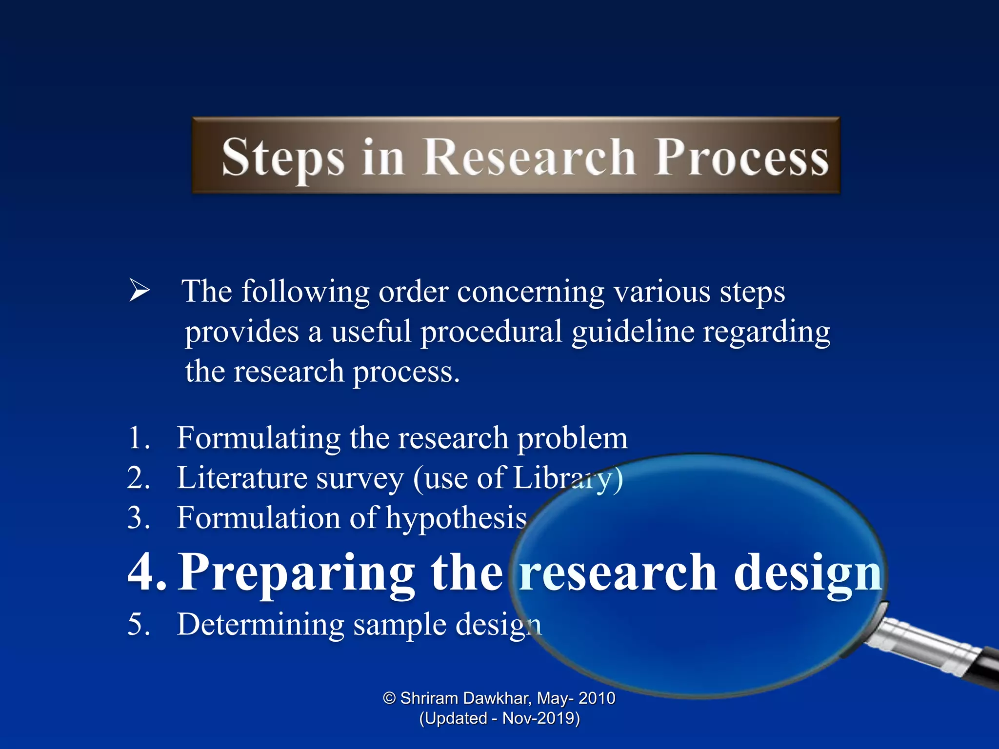 ➢ The following order concerning various steps
provides a useful procedural guideline regarding
the research process.
1. Formulating the research problem
2. Literature survey (use of Library)
3. Formulation of hypothesis
4.Preparing the research design
5. Determining sample design
© Shriram Dawkhar, May- 2010
(Updated - Nov-2019)
 