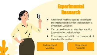 ● A research method used to investigate
the interaction between independent &
dependent variables
● Can be used to determine the causality
(cause & effect relationship)
● Commonly used within the framework of
the scientiﬁc method.
Experimental
Research
Independent
Variable
Dependent
Variable
 