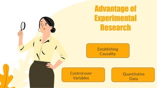 Advantage of
Experimental
Research
Control over
Variables
Quantitative
Data
Establishing
Causality
 