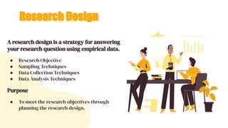Research Design
A research design is a strategy for answering
your research question using empirical data.
● Research Objective
● Sampling Techniques
● Data Collection Techniques
● Data Analysis Techniques
Purpose
● To meet the research objectives through
planning the research design.
 