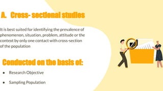 A. Cross- sectional studies
It is best suited for identifying the prevalence of
phenomenon, situation, problem, attitude or the
context by only one contact with cross-section
of the population
Conducted on the basis of:
● Research Objective
● Sampling Population
 