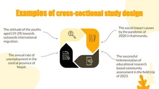 Examples of cross-sectional study design
The social impact causes
by the pandemic of
2020 in Kathmandu.
The attitude of the youths
aged (19-29) towards
outwards international
migration.
The successful
imlementation of
educational research
based community
assessment in the ﬁeld trip
of 2023.
The annual rate of
unemployment in the
central province of
Nepal.
 
