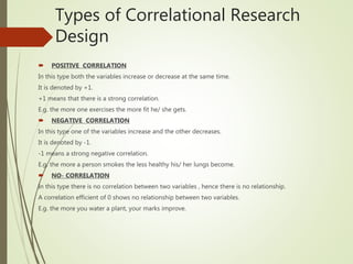 Types of Correlational Research
Design
 POSITIVE CORRELATION
In this type both the variables increase or decrease at the same time.
It is denoted by +1.
+1 means that there is a strong correlation.
E.g. the more one exercises the more fit he/ she gets.
 NEGATIVE CORRELATION
In this type one of the variables increase and the other decreases.
It is denoted by -1.
-1 means a strong negative correlation.
E.g. the more a person smokes the less healthy his/ her lungs become.
 NO- CORRELATION
In this type there is no correlation between two variables , hence there is no relationship.
A correlation efficient of 0 shows no relationship between two variables.
E.g. the more you water a plant, your marks improve.
 