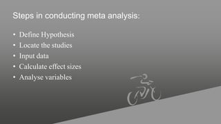 Steps in conducting meta analysis:
• Define Hypothesis
• Locate the studies
• Input data
• Calculate effect sizes
• Analyse variables
 