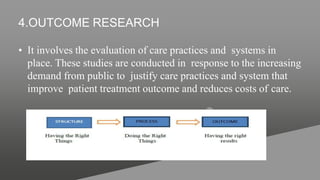 4.OUTCOME RESEARCH
• It involves the evaluation of care practices and systems in
place. These studies are conducted in response to the increasing
demand from public to justify care practices and system that
improve patient treatment outcome and reduces costs of care.
 