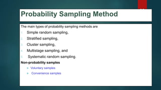 Probability Sampling Method
The main types of probability sampling methods are
1. Simple random sampling,
2. Stratified sampling,
3. Cluster sampling,
4. Multistage sampling, and
5. Systematic random sampling.
Non-probability samples
 Voluntary samples
 Convenience samples
23
 