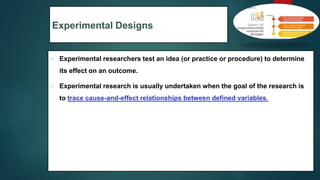 Experimental Designs
 Experimental researchers test an idea (or practice or procedure) to determine
its effect on an outcome.
 Experimental research is usually undertaken when the goal of the research is
to trace cause-and-effect relationships between defined variables.
53
 