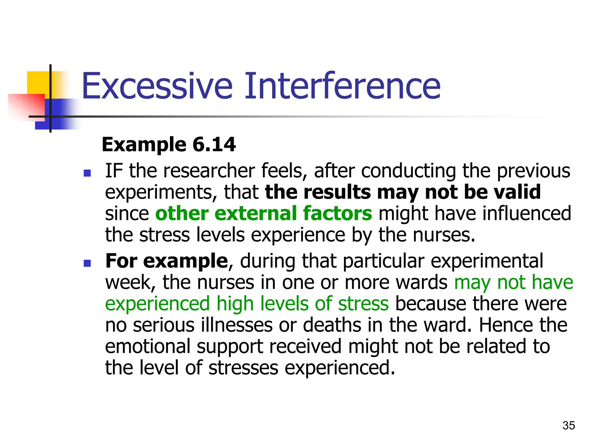 35
Excessive Interference
Example 6.14
 IF the researcher feels, after conducting the previous
experiments, that the results may not be valid
since other external factors might have influenced
the stress levels experience by the nurses.
 For example, during that particular experimental
week, the nurses in one or more wards may not have
experienced high levels of stress because there were
no serious illnesses or deaths in the ward. Hence the
emotional support received might not be related to
the level of stresses experienced.
 