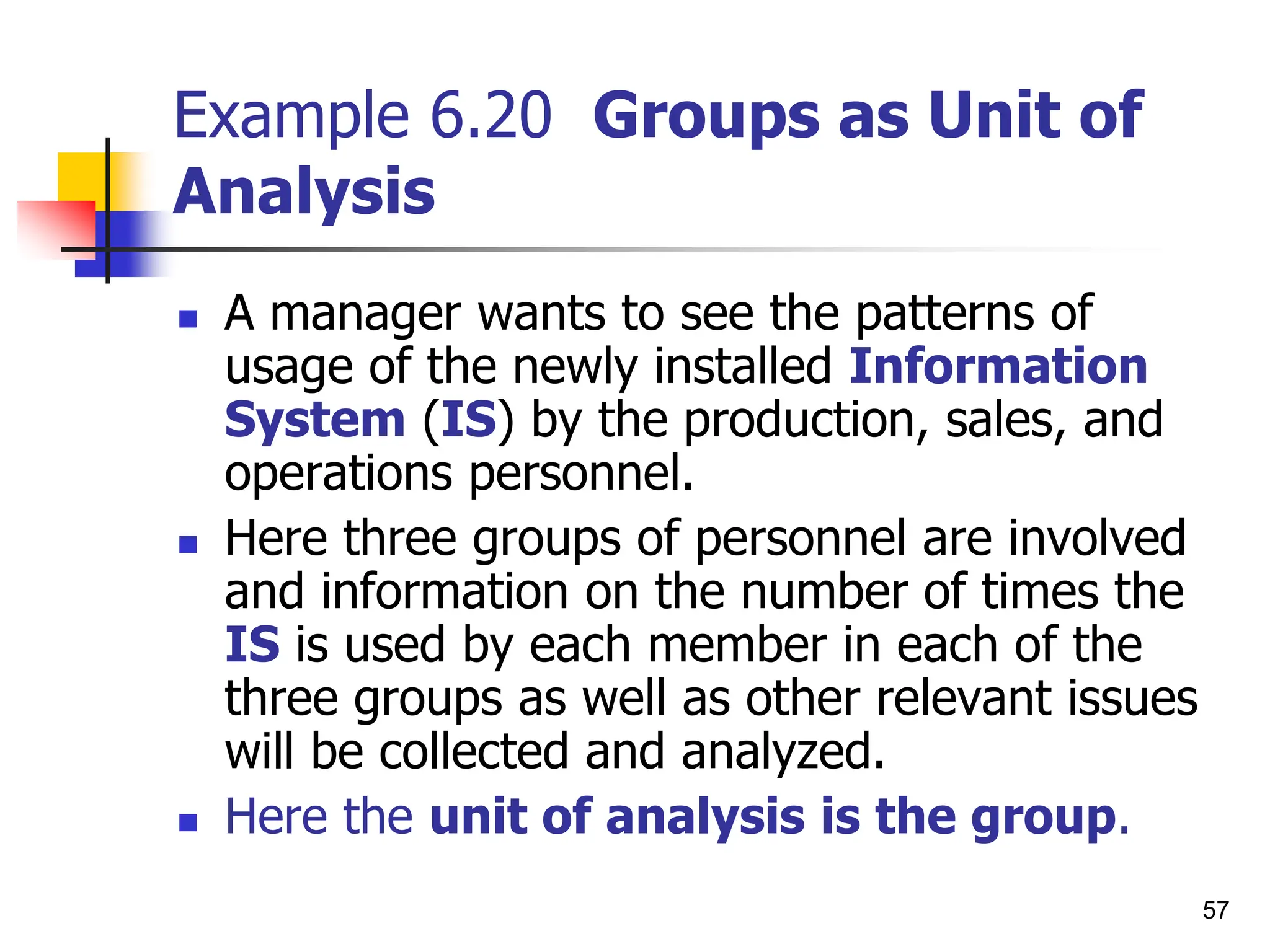 57
Example 6.20 Groups as Unit of
Analysis
 A manager wants to see the patterns of
usage of the newly installed Information
System (IS) by the production, sales, and
operations personnel.
 Here three groups of personnel are involved
and information on the number of times the
IS is used by each member in each of the
three groups as well as other relevant issues
will be collected and analyzed.
 Here the unit of analysis is the group.
 