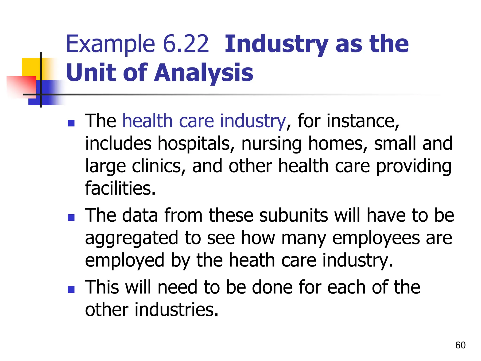 60
Example 6.22 Industry as the
Unit of Analysis
 The health care industry, for instance,
includes hospitals, nursing homes, small and
large clinics, and other health care providing
facilities.
 The data from these subunits will have to be
aggregated to see how many employees are
employed by the heath care industry.
 This will need to be done for each of the
other industries.
 