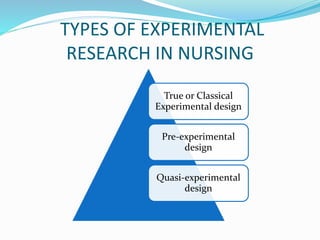 TYPES OF EXPERIMENTAL
RESEARCH IN NURSING
True or Classical
Experimental design
Pre-experimental
design
Quasi-experimental
design
 