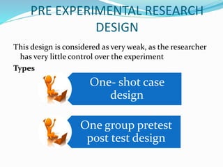 PRE EXPERIMENTAL RESEARCH
DESIGN
This design is considered as very weak, as the researcher
has very little control over the experiment
Types
One- shot case
design
One group pretest
post test design
 