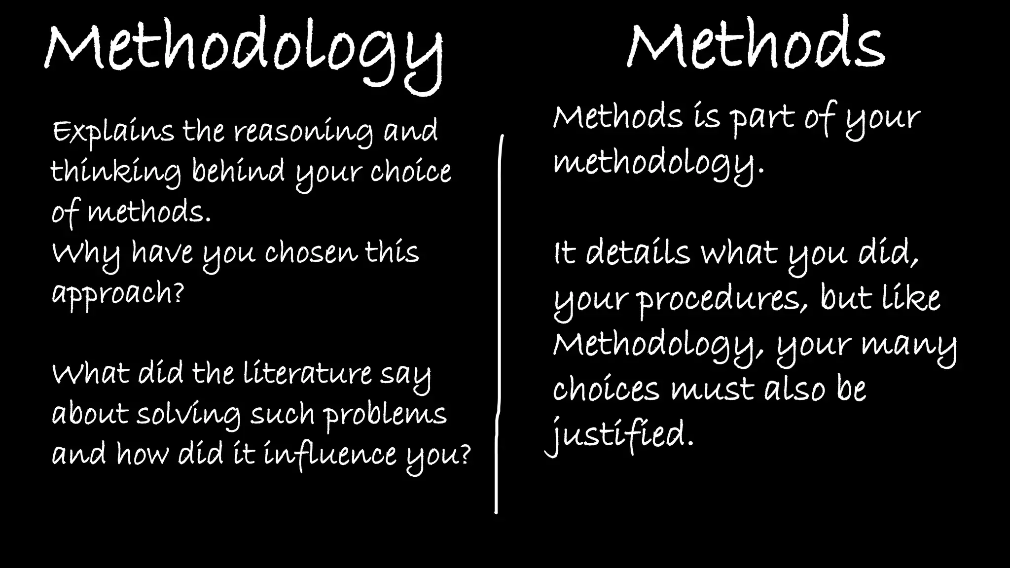 Methodology Methods
Explains the reasoning and
thinking behind your choice
of methods.
Why have you chosen this
approach?
What did the literature say
about solving such problems
and how did it influence you?
Methods is part of your
methodology.
It details what you did,
your procedures, but like
Methodology, your many
choices must also be
justified.
 