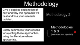 Methodologies
1 & 3
(examined and rejected)
Briefly summarise your reasons
for rejecting these approaches,
using the literature where
appropriate.
Give a detailed explanation of
how and why this approach will
best address your research
problem.
Methodology 2
Methodology

 