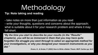 Methodology
“By the time you start to describe be your results (in the “Results”
chapter(s), you will be so immersed in them that you may have quite
forgotten the struggle you went through to select an appropriate method for
your investigations, or why you designed your research instruments as you
did.”
Evans, D., & Gruba, P. (2002) How to Write a Better Thesis. MUP. Carlton pp. 84-5
Tip: Note taking and reading
- take notes on more than just information as you read
- write your thoughts, questions and concerns about the approach;
what is suitable about it for your research problem and where it may
fall short.
 