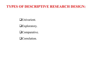 TYPES OF DESCRIPTIVE RESEARCH DESIGN:
Univarient.
Exploratory.
Comparative.
Correlation.
 