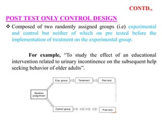 CONTD.,
PRETEST-POSTTEST ONLY DESIGN
 In this research design subject are randomly assigned to
experimental and control g...