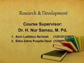 Research & Development
Course Supervisor:
Dr. H. Nur Samsu, M. Pd.
1. Anni Latifatun Na’imah (12510174007)
2. Ekka Zahra Puspita Dewi (12510174049)
 