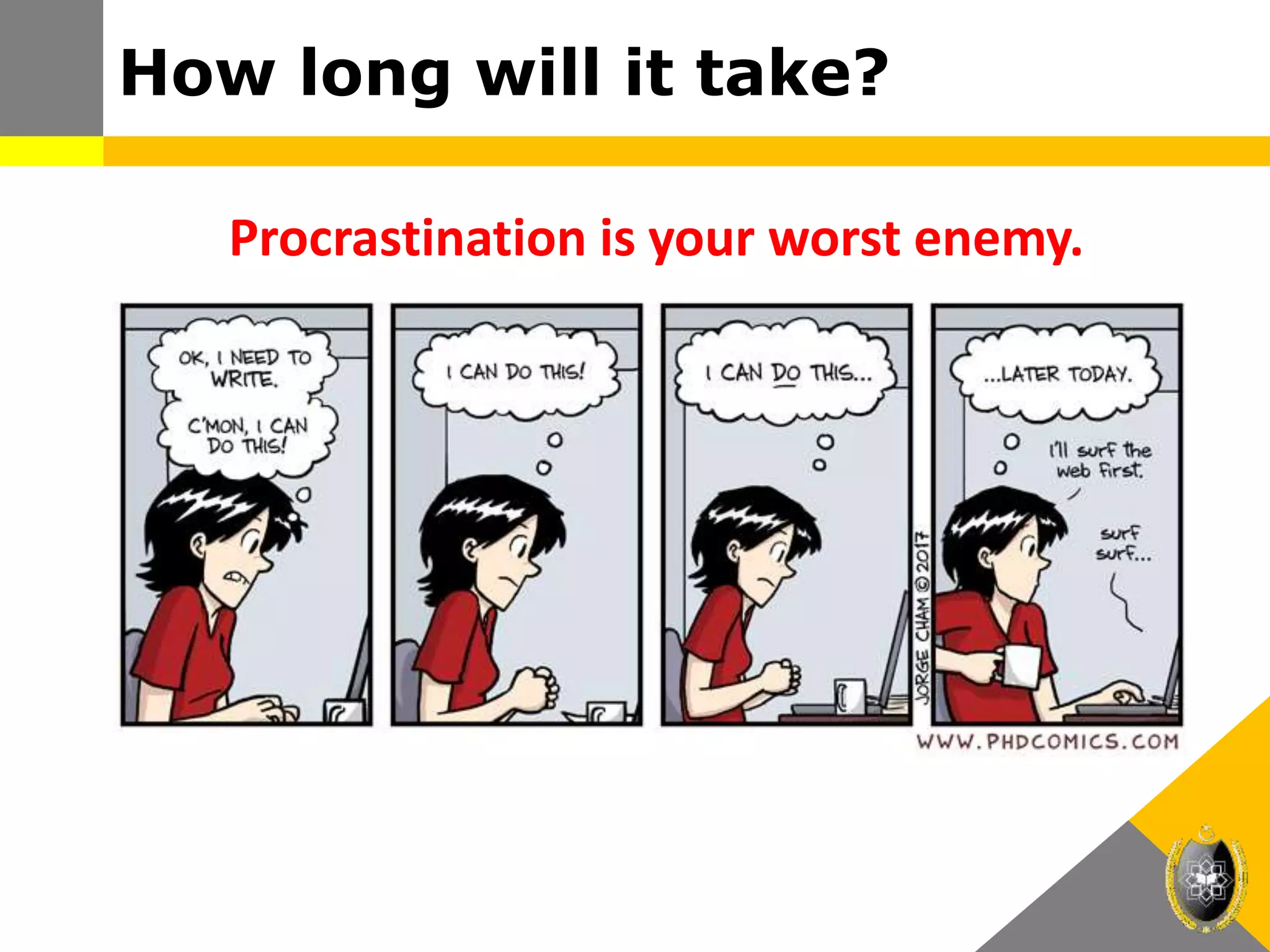 Procrastination is your worst enemy.
How long will it take?
 