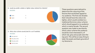 These questions were tailored to
determine the colouring of the
fanzine that would best appeal to
my audience.The first one dictates
that I should have the colours be
lighter, which would corelate to a
traditional feminine colour scheme
which should appeal to my audience
which is mainly female.The second
question was made to see directly
which colour scheme the audience
would be most interested in; of
which red, grey and purple were the
top pick.This will be an easy thing to
tailer the assets and back grounds of
my fanzine to.
 