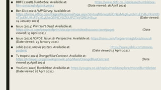 ■ BBFC (2018) Bumblebee. Available at: https://www.bbfc.co.uk/release/bumblebee-
film-qxnzzxq6vlgtotk4mje2 (Date viewed: 16 April 2021)
■ Ben Dix (2021) FMP Survey. Available at:
https://forms.office.com/Pages/ResponsePage.aspx?id=tuqM6noqsUiQN1uMegK40Uxh1EZvB4VKisVJD
nTbuENUM1FEVzQ4Uk1QSlNCVUZUUlFZT0VQREJHSi4u (Date viewed:
24 January 2021)
■ Issuu (2014) Print Isn't Dead.Available at:
https://issuu.com/peopleofprint/docs/printisntdeadissuu001coverpages (Date
viewed: 13 April 2021)
■ Issuu (2017) FORGE. Issue 16: Perspective.Available at: https://issuu.com/forgeartmag/docs/issuu16
(Date viewed: 25 January 2021)
■ Joblo (2021) movie posters. Available at: https://www.joblo.com/movie-
posters/ (Date viewed 15 April 2021)
■ Tv tropes (2021) Orange/Blue Contrast. Available at:
https://tvtropes.org/pmwiki/pmwiki.php/Main/OrangeBlueContrast (Date
viewed 15 April 2021)
■ YouGov (2020) Bumblebee.Available at: https://yougov.co.uk/topics/media/explore/movie/Bumblebee
(Date viewed 16 April 2021)
 