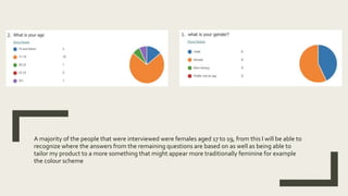A majority of the people that were interviewed were females aged 17 to 19, from this I will be able to
recognize where the answers from the remaining questions are based on as well as being able to
tailor my product to a more something that might appear more traditionally feminine for example
the colour scheme
 