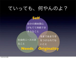 ていっても、何やんのよ？
                      Self
                    自分の興味関心
                    がもてて持続でき
                    そうなこと

                             今まであまり手
              社会的ニーズのあ       をつけられてな
              ること            いこと

               Needs     Originality

12年9月18日火曜日
 