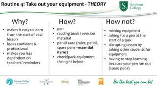 Routine 4: Take out your equipment - THEORY
Why? How? How not?
• pen
• reading book / revision
material
• pencil case (ruler, pencil,
spare pens –essential
items)
• check/pack equipment
the night before
• missing equipment
• asking for a pen at the
start of a task
• disrupting lesson by
asking other students for
equipment
• having to stop learning
because your pen ran out
(spare pens)
• makes it easy to learn
from the start of each
lesson
• looks confident &
professional
• makes you less
dependent on
teachers’ reminders
 