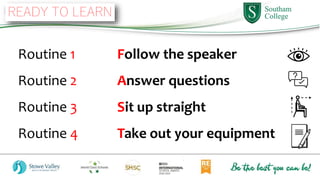 Extended registration:
Routine 1 Follow the speaker
Routine 2 Answer questions
Routine 3 Sit up straight
Routine 4 Take out your equipment
 