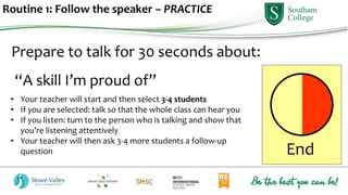 Routine 1: Follow the speaker – PRACTICE
Prepare to talk for 30 seconds about:
“A skill I’m proud of”
• Your teacher will start and then select 3-4 students
• If you are selected: talk so that the whole class can hear you
• If you listen: turn to the person who is talking and show that
you’re listening attentively
• Your teacher will then ask 3-4 more students a follow-up
question End
 