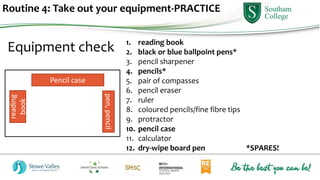 Routine 4: Take out your equipment-PRACTICE
Equipment check 1. reading book
2. black or blue ballpoint pens*
3. pencil sharpener
4. pencils*
5. pair of compasses
6. pencil eraser
7. ruler
8. coloured pencils/fine fibre tips
9. protractor
10. pencil case
11. calculator
12. dry-wipe board pen *SPARES!
reading
book
Pencil case
pen,
pencil
 